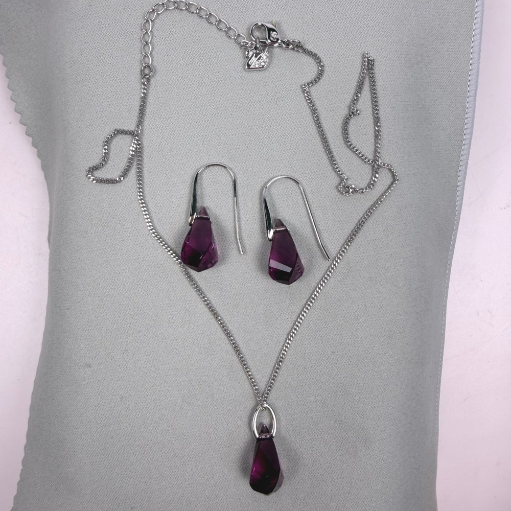 Swarovski Crystal Briolette Jewelry Set Womens Necklace Earrings Purple Silver